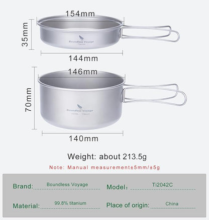 Boundless Voyage Outdoor Titanium Pot with Pan Set with Collapsible Folding Handle for Outdoor Camping Cooking Hiking Backpacking Portable Cookware