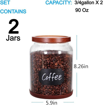 SAIOOL 2-Pack Striped Borosilicate Glass Airtight Canisters - Big mouth Large Capacity, Acacia Wood Lid, Food Storage Jars for Flour, Pasta, Pantry Organization (3/4 Gallon （2 Striped pack）)