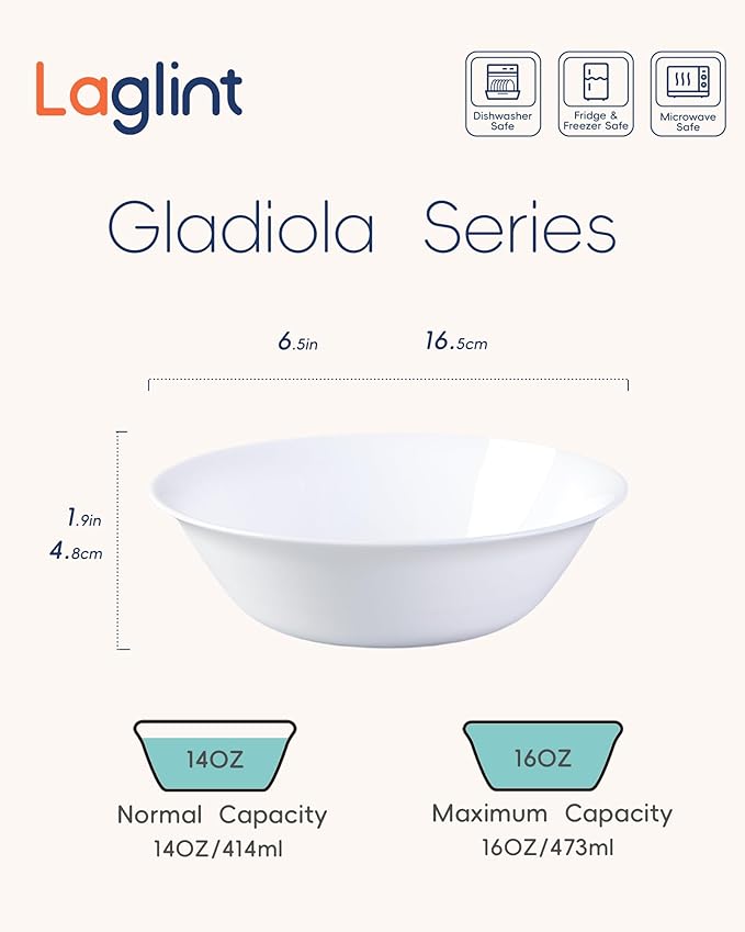 14 OZ (16 OZ MAX) White Opal Glass Cereal Bowl Set of 6, 6.5 inch Dishwasher & Microwave Safe Round Bowls for Soup, Salad and Rice