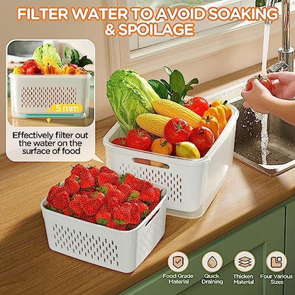 6 PCS Fruit Storage Containers for Fridge with Removable Colanders, 6 Plastic Food Storage Containers with 6 Lids, Leakproof Produce Containers Keep Fruits, Vegetables, Berry, Meat Fresh Longer