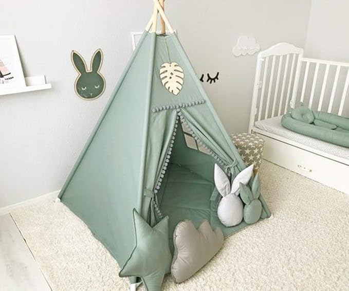 Kids Teepee Tent with White Pom Pom - Indoor Play Teepee for Children Boys Portable Play House (Green)