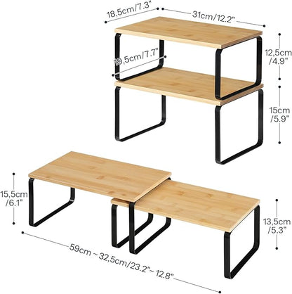 HOOBRO Cabinet Organizer Shelf, Expandable Kitchen Storage, Stackable Bamboo