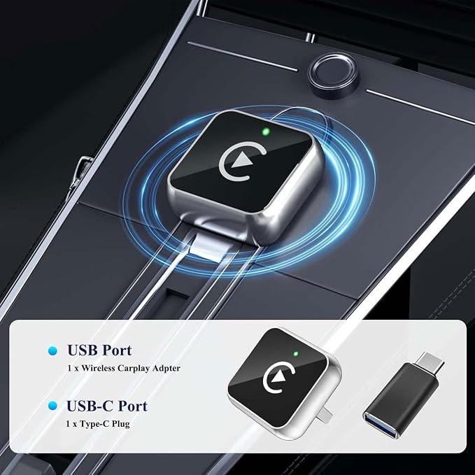 2 in 1 CarPlay Adapter for Nissan GT R Premium Nismo Maxima S SV SL, CarPlay Wireless Adapter with Auto Reconnect Fast Pairing Bluetooth Connection Compact USB Dongle,A/Silver-Normal