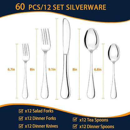 60 Piece Silverware Set for 12, Premium Stainless Steel Flatware Set, Eating Utensil Sets with Steak knives, Cutlery Tableware Service Include Fork Knife Spoon Set, Mirror Polished