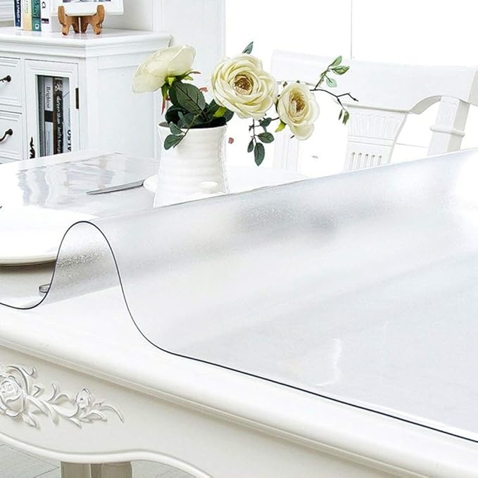 NECAUX Custom Multisize 1.5mm Thick Frosted PVC Table Cover Protector - 30 x 96 Inch Kitchen Wood Grain Vinyl Transparent Table Cover for 8 Foot Plastic Protective Dining Room Table Pad