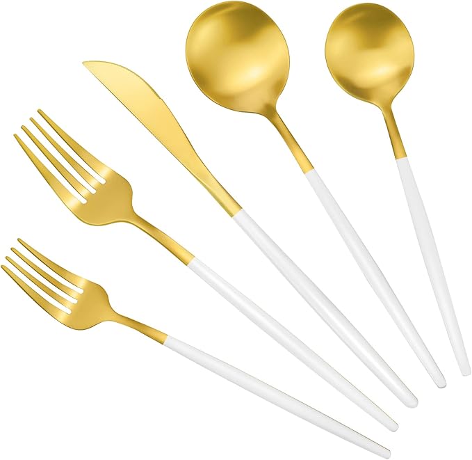 White And Gold Silverware Set for 8, 40-Pieces Matte Gold And White Handle Flatware Set, Stainless Steel Cutlery Tableware set, Kitchen utensils set Include Spoons And Forks Set, Dishwasher Safe
