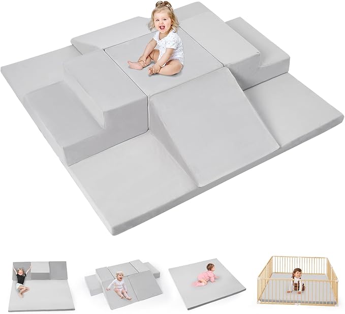 6-Piece Foam Climbing Blocks for Toddlers, Climb and Crawl Soft Foam Play Set with 47x47 Inch Baby Play Mat for Floor, Machine Washable Cover, Soft Climbing Toys for Toddlers 1-3 (Gray)