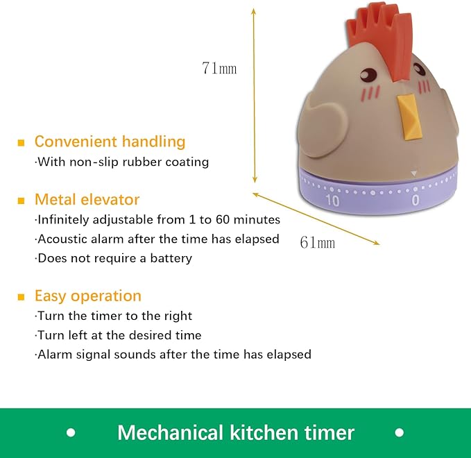 Mechanical Kitchen Timer, Cute Wind Up 60-Minute Manual Countdown