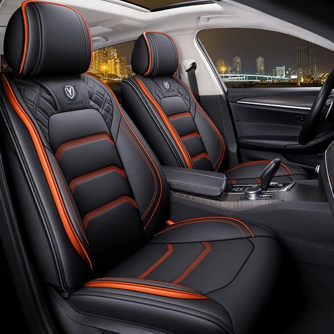Comfortable Leather Auto Car Seat Covers 5 Seats Full Set Universal Fit (Black & Orange)