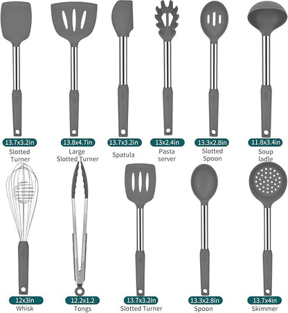 Silicone Kitchen Cooking Utensils Set with Stainless Steel Handle, Spatula Set Utensil Set, Cooking Utensil Set,Kitchen Tools Gadgets for Nonstick Cookware (11, Gray)