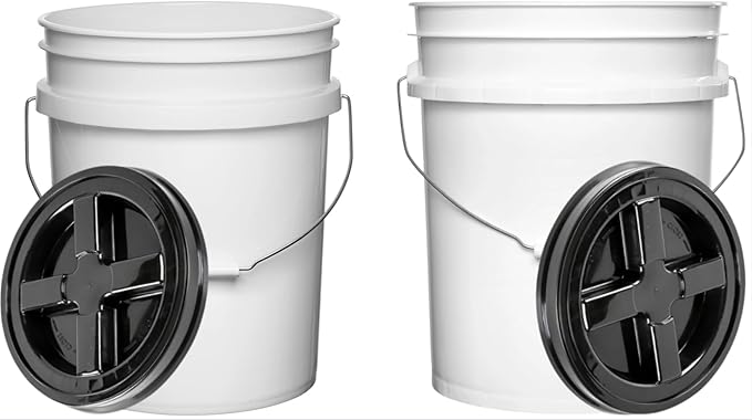 House Naturals Food Grade 5 Gallon Made in USA Plastic Bucket with Screw on Lid (White Buckets with Black Lids)