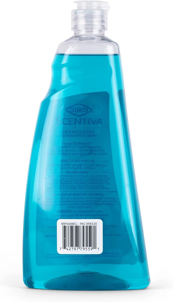 Clorox Scentiva Liquid Dish Soap, Pacific Breeze and Coconut, 26 Fl Oz | Ultra-concentrated formula, bleach-free, cuts through food residue, gentle on hands