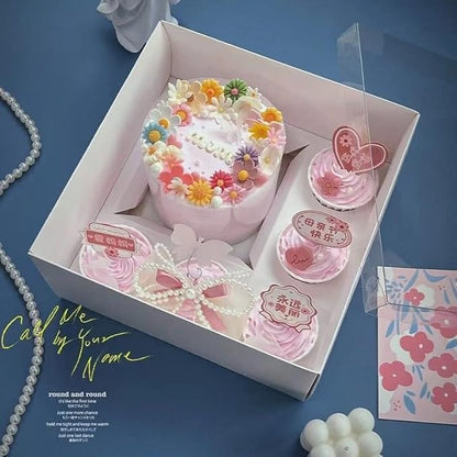 Bento Cake and Cupcake Box 2-in-1 4-inch Cake and 5 Cupcakes Box 5 Sets with One Wide Roll of Ribbon for Family Dinner Birthday Party Picnic Gift (TB02)