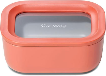 Caraway Mini Rectangle Food Storage Container - 2.6 Cup Glass Storage Container for Food - Non-Toxic Ceramic-Coated Glass - Air Release Technology - Compact & Stackable Design - Perracotta