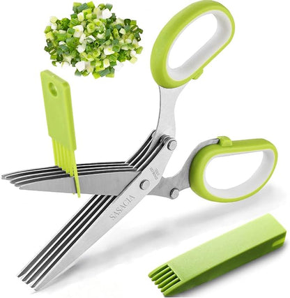 Herb Scissors with 5 Blades & Cleaning Kit, Stainless Steel Kitchen Shears for Herbs, Lettuce, Cilantro, Dishwasher Safe, Soft-Grip Handle