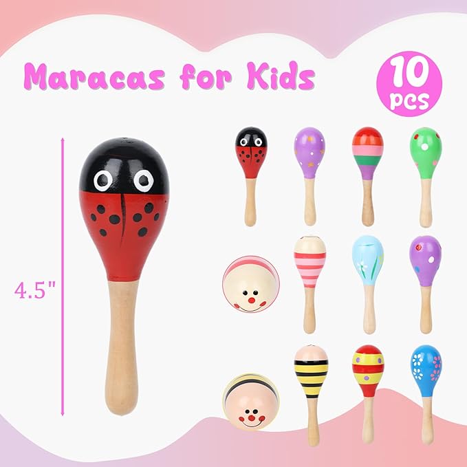 POPLAY 10PCS Mini Wooden Maracas, Maracas for Toddler Musical Instruments Wooden Shakers Baby Musical Toys Infant Learning Toys