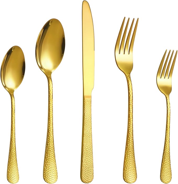 20 Pcs Gold Silverware Set for 4 with Hammered Design, Food Grade Stainless Steel Flatware Set, Eating Utensils Sets Include Fork/Knife/Spoon, Cutlery Set, Dishwasher Safe