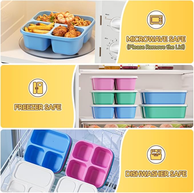 6 Pcs Snack Box Container Set, Reusable 3&4 Compartment Meal Prep Snack Containers for Adults Kids Toddler, BPA-Free Divided Lunchable Container for School, Work and Travel (5 Color)