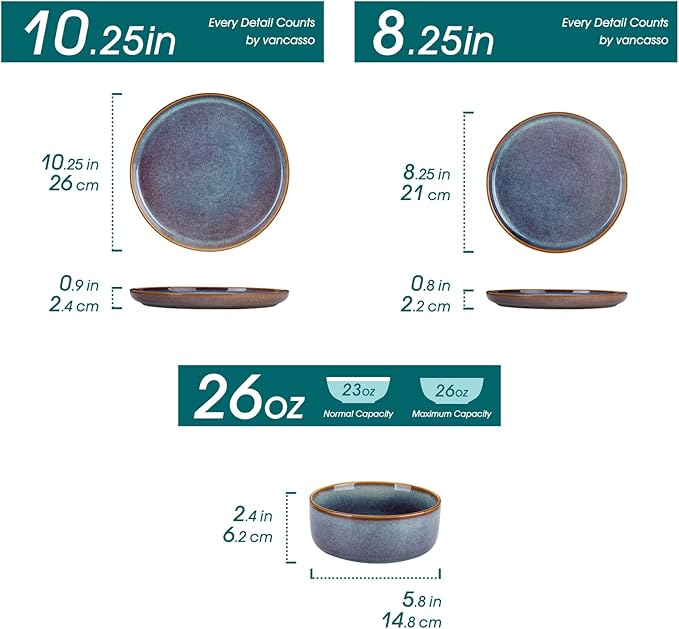 vancasso PLAYA Plates and Bowls Sets, 18 Pieces Grey-Blue Dinnerware Sets for Kitchen, Reactive Glaze Dishes Set for 6, Dishwasher and Microwave Safe