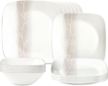 Corelle Vitrelle 18 Piece Glass Dinnerware Sets Rectangular Square Plate and Bowl Set Service for 6, Triple Layer Chip & Crack Resistant Glass Plate and Bowl Sets, Wandering Grove