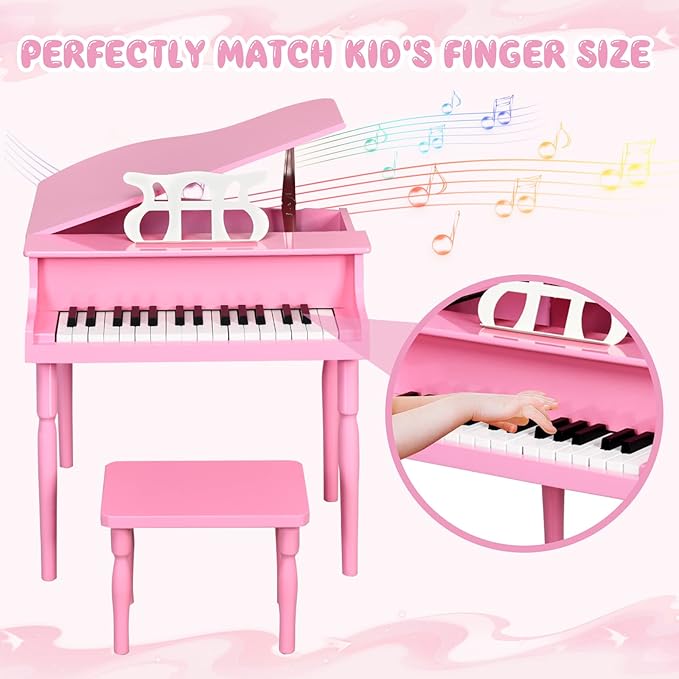 Goplus 30-Key Classical Kids Piano, Mini Grand Piano Wooden Learn-to-Play Musical Instrument Toy with Bench, Piano Lid, Music Rack, Gift for Boys Girls Aged 2+ Baby Toddler(4 Straight Leg-Pink)