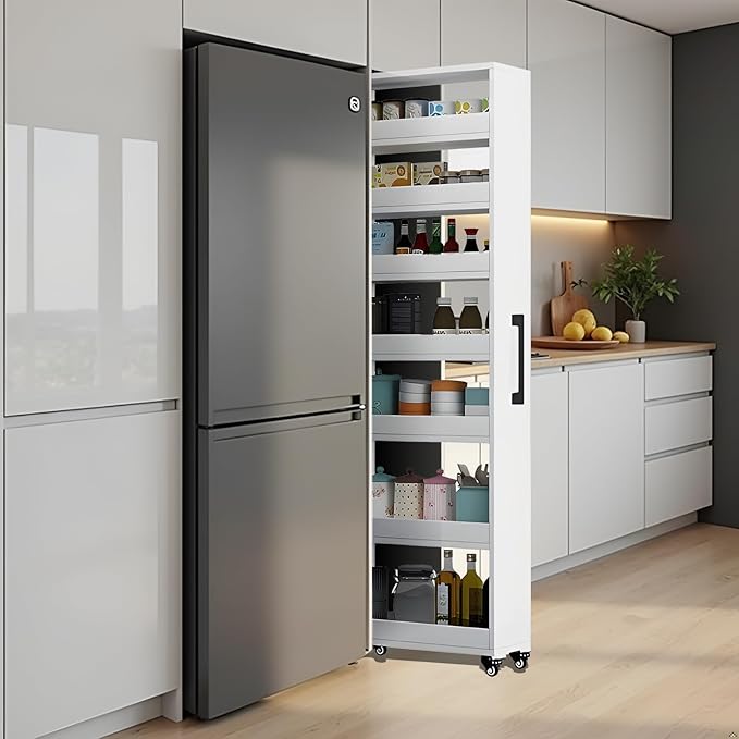 7-Tier Slim Storage Cart, Wooden Rolling Pantry Cabinet with Wheels, Narrow Shelf Organizer for Kitchen, Bakers Rack, Dining Room, Closet, Small Spaces Warm White 47.2" H*7.8" W*16.9" D