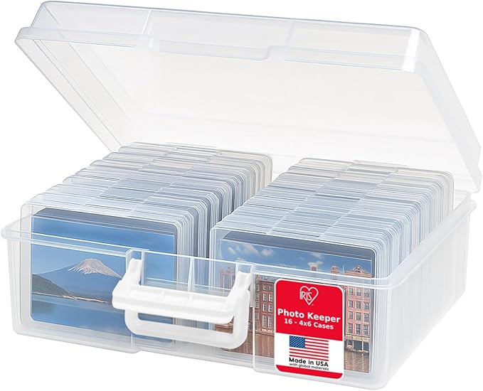 IRIS USA 4" x 6" Photo Storage Box Craft Keeper, Transparent Handle Container with 16 Organization Holder Cases for Pictures, Tasks, Scrapbooking, Stationery Storage, Clear