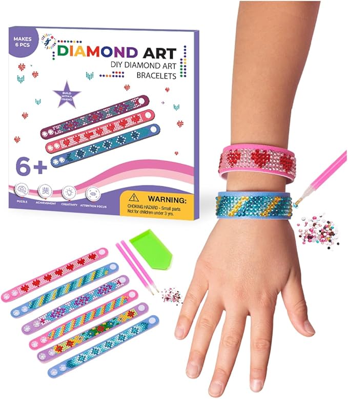 Diamond Art Bracelet Kit - Includes 6pcs - Bracelet Making Kit for Girls - Diamond Art Kits for Kids - Kids Diamond Art - Gem Art for Kids - Diamond Art for Kids - DIY Bracelet Making Kit for Girls