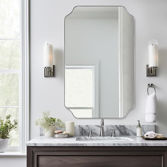 ANDY STAR 26x38 Inch Mirror for Bathroom, Brushed Nickel Scalloped Rectangle