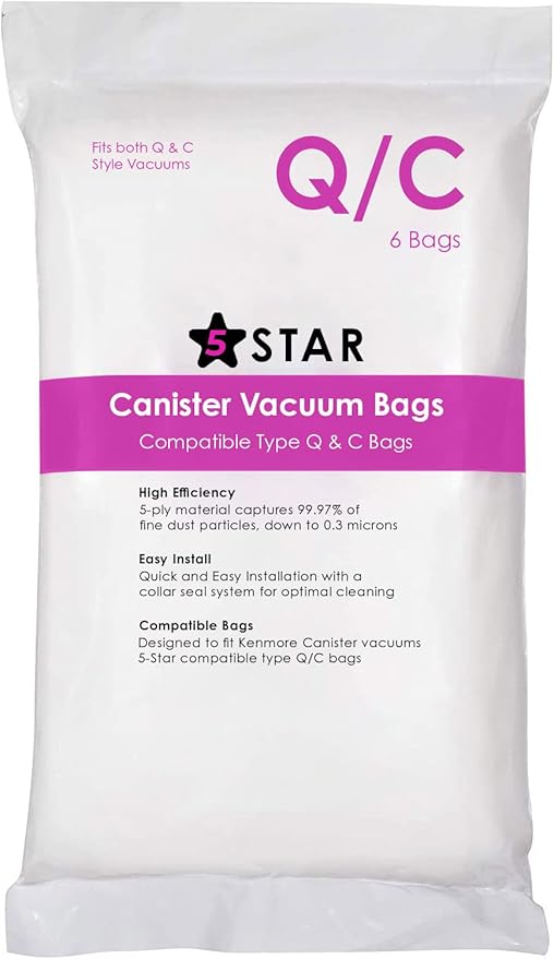 6 Pack Type Q/C HEPA Replacement Vacuum Bags Compatible with Kenmore and Sears Canister Vacuum Fits Kenmore 5055 50557 50558 53291 Replace Part 53292.