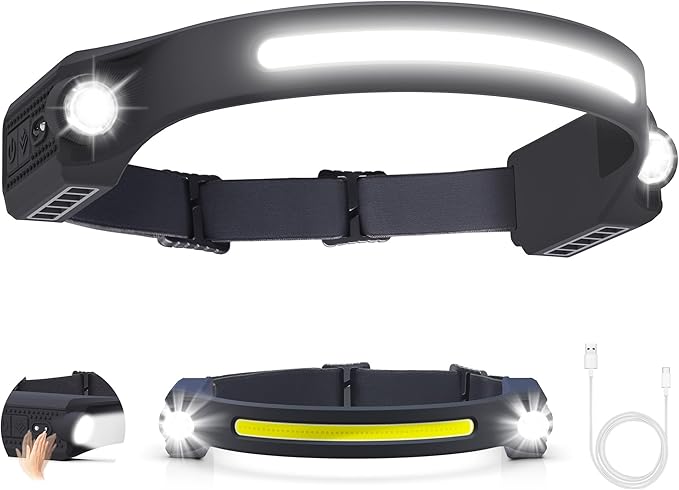 AlpsWolf LED Headlamp Rechargeable, 2 XPE LED and COB LED Head Lamp, Sensor Mode, 260° Wide Beam, IPX4 Waterproof, Rechargeable Headlight for Camping Accessories (1 Pack)