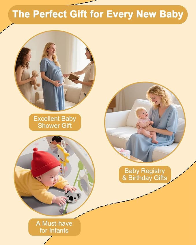 Baby Play Gym with 4 Developmental Zones – Tummy Time Mat & Activity Mat with 6 Sensory Toys, Visual Cards & Pillow – Baby Essentials & Ideal Gift for Newborns