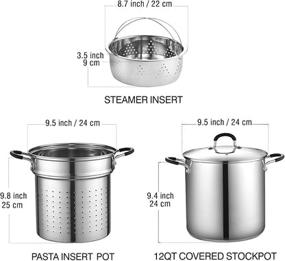 Cook N Home 4-Piece Stainless Steel Pasta Cooker Steamer Multipots, 12 Quart