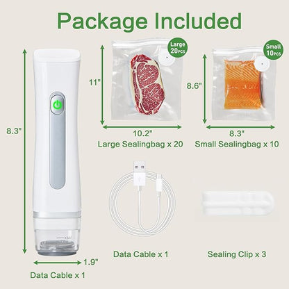 Vacuum Sealer For Food,Powerful Handheld Vacuum Sealer Machine With 30 Reusable Vacuum Bags,Portable Food Sealer,Automatic Power Off White