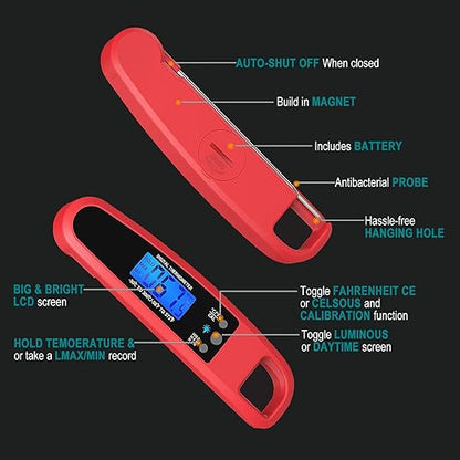 Instant Read Meat Thermometer for Kitchen Cooking, Ultra Fast Precise Waterproof Digital Food Thermometer with Backlight, Magnet and Foldable Probe for Deep Fry, Outdoor BBQ, Grill(RED)