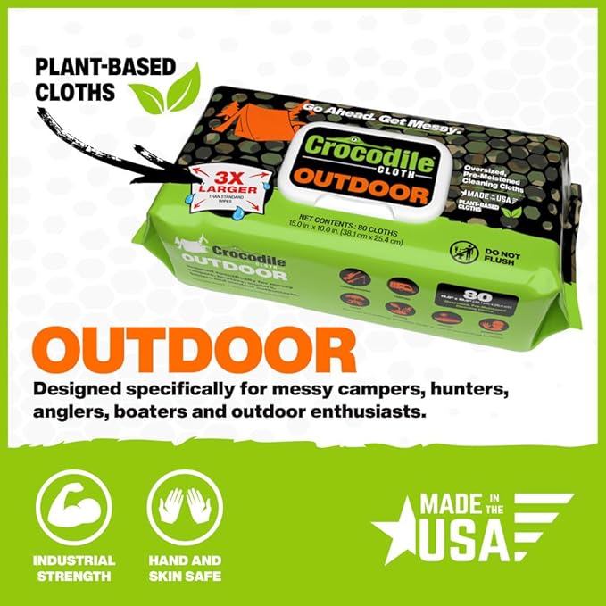 Crocodile Cloth Outdoor Cleaning Wipes ??8 Packs/640 Total Count Plant-Based Cloths (15"x10"), Skin Safe, Pre-Moistened, Aloe & Vitamin E Infused, Large, Absorbent, Multi-Surface Disposable Wipes