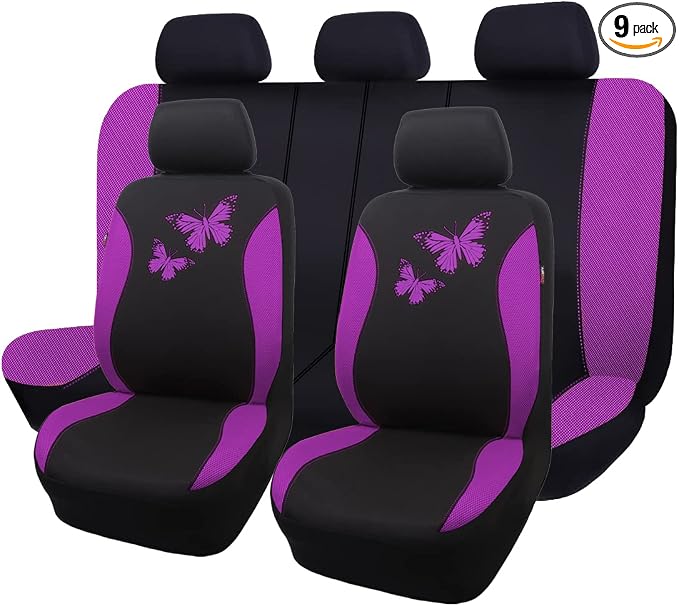 Flying Banner Butterfly car seat Covers ful Set Fashion Universal Lady Woman Female Rear Bench Split Colorized (Full Set, Purple)