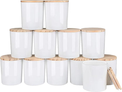 Thick Candle Jars for Making Candles 12 Pcs, 14 OZ Empty Jars with Wood Lids for Candle Making, Sample Container, Light White