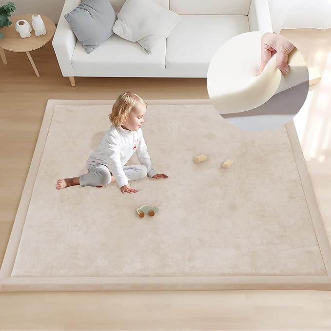 ACOMOPACK Baby Play Mat for Floor 1.3" Thick Memory Foam 50x50 Soft Velvet Playpen Mat for Kids,Infants,Toddlers,Tummy Time Crawling Mats with Non-Slip Bottom,Yoga,Tatami,Nursery Rug（Beige）
