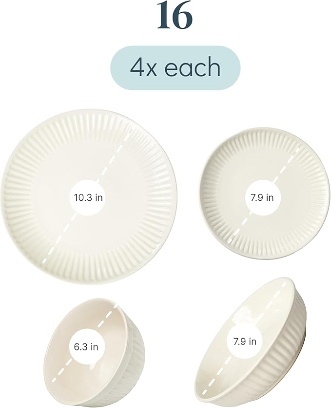 Stoneware Dinnerware Set for 4 People HYGGE 16-Piece - Elegant Scandi Design - Premium Dish Set - Bowl and Plate Set - Tableware for 4 People in a Ribbed Design - Pure Living in Beige