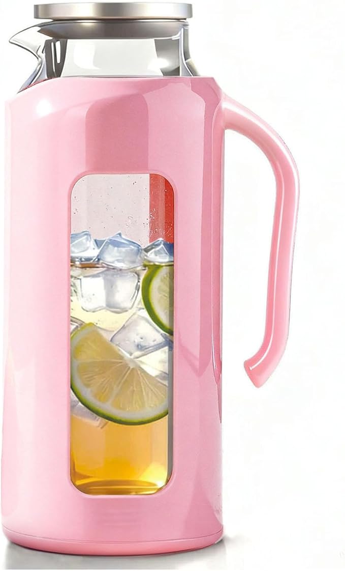 Delove Glass Pitcher with Lid & Shatterproof Shell – Heat-Resistant