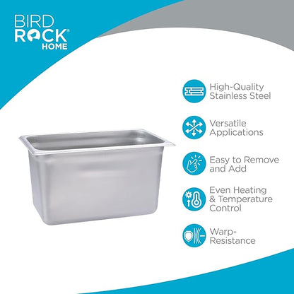 BIRDROCK HOME Stainless Steel Steam Table Pan - Hotel, Restaurant & Catering Supplies - 24 Gauge Steel, 4.3 qt Capacity - Meal Prep, Cooking, & Food Storage Container - 6" Depth, 1/4-Size (6 Pack)