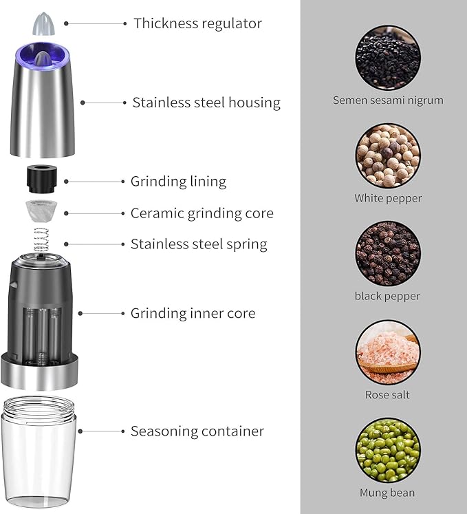 Gravity Electric Pepper and Salt Grinder Set, Adjustable Coarseness, Automatic