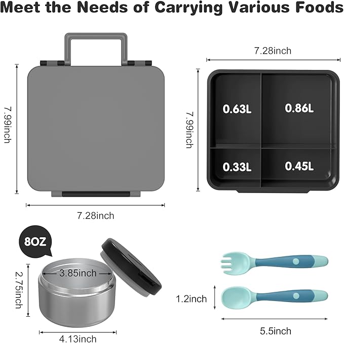 Bento Lunch Box with 8oz Soup Thermo, Kids Leakproof Lunch Food Containers with 4 Compartment, Kids Thermo Insulated Hot Food Jar for School, Trvael (Grey)
