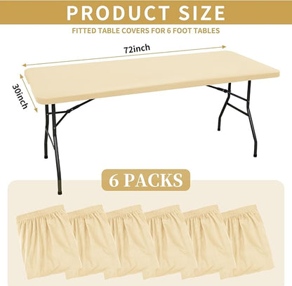 6 Pack Stretch Fabric Table Top Cap Cover, fits 6' Tables, Spandex Table Covers Washable Elastic Rectangle Tablecloth Protector for Indoor Outdoor Party Picnic Wedding, Beige, 30" W x 72" L