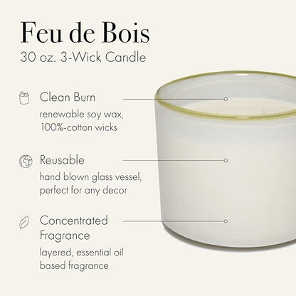 LAFCO New York 3-Wick Candle, Feu de Bois - 30 oz - 120-Hour Burn Time - Reusable, Hand Blown Glass Vessel - Made in The USA