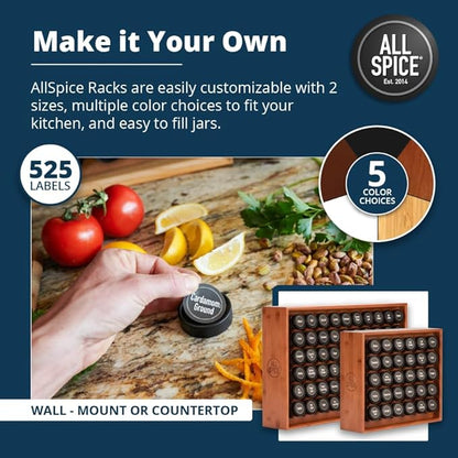 AllSpice Spice Rack Organizer, 525 Unique Labels, Countertop or Wall Mount