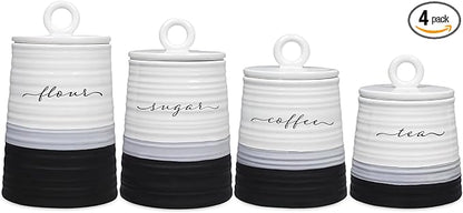 Young's Inc. 4 Pcs Set Rustic Modern Ceramic Canisters- Storage Container for Kitchen and Bathroom - Beautiful Home Decor Accent to Store Food, Coffee, Tea, and More - Black, White