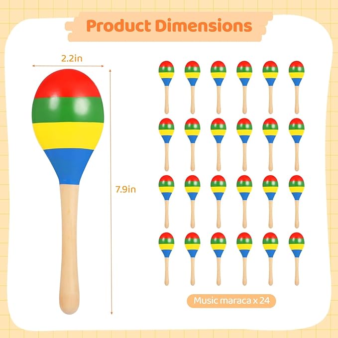 24 PCS Maracas for Adults - 7.9 Inches Multi-Colored Wooden Maracas, Lightweight Design Noisemaker Musical Fun Party Favor for Adult Mexican Party Props Birthday Carnival