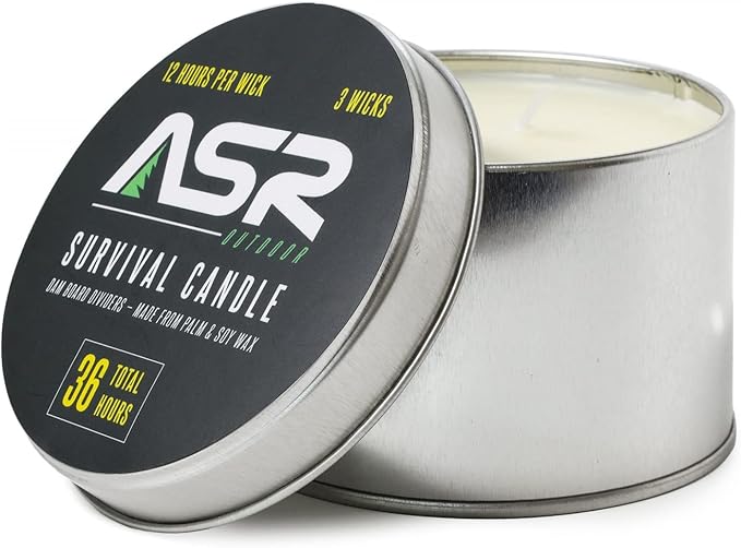 ASR Outdoor 36 Hour Camping Survival Emergency Light Wax Candle Fire Starter in Portable Tin Box, 3 Wick
